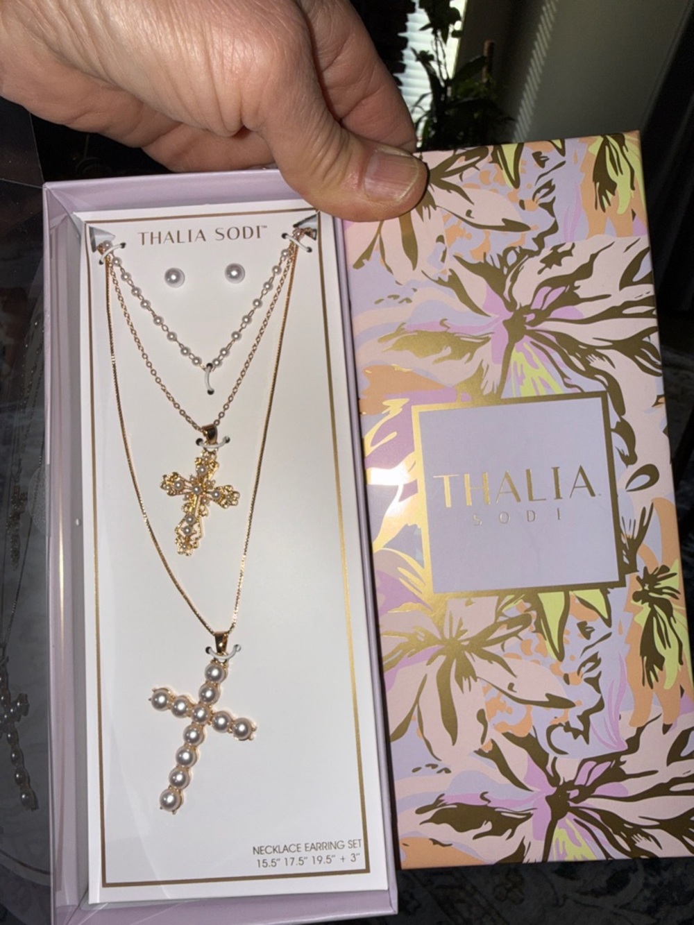 Thalia 3 layers Sodi Gold Multi-Layer Pearl Cross Necklace & earring